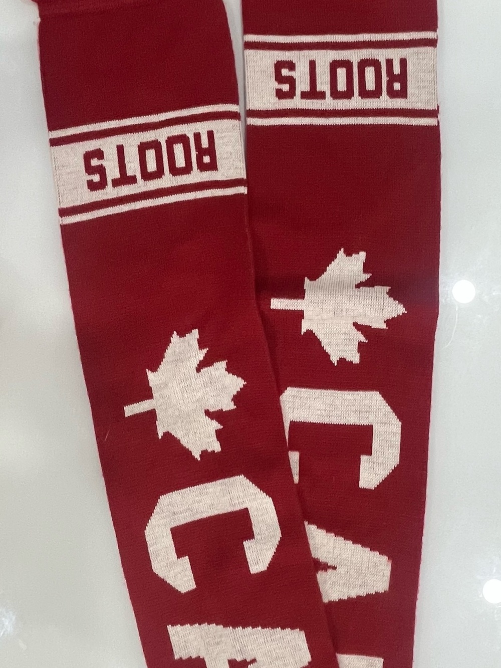 Roots Red and White Maple Leaf Crew Scarf